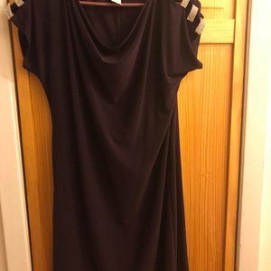 Ladies plum colored dress with shoulder embelishments.